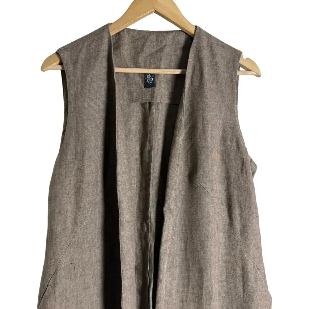 Eleventy Brown Linen Sleeveless Open Front Long Duster Trench Vest Size 10 - Picture 2 of 11